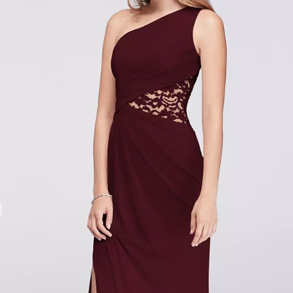 David's Bridal Dresses & Skirts - David's Bridal One-shoulder Mesh Dress with Lace Inset in Wine Size 6